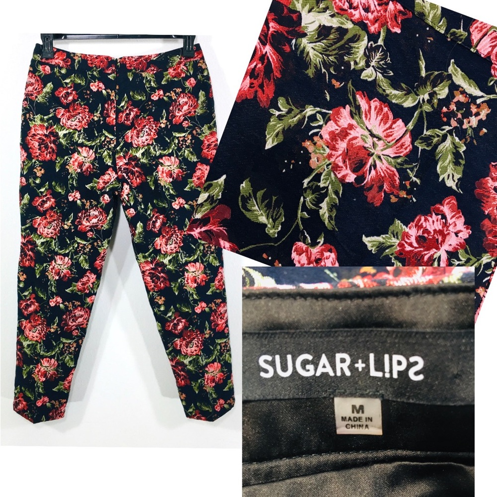 Sugar + Lips Black Floral Textured Ankle Capri Sz M Slim Leg Pant Back Zipper